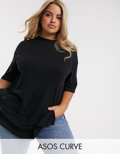 Длинная свободная футболка в рубчик черного цвета с разрезами по бокам ASOS DESIGN Curve-Черный