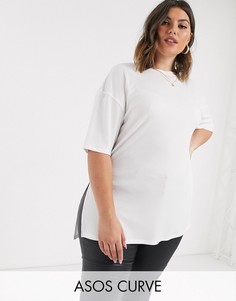 Свободная длинная футболка в рубчик белого цвета с разрезами по бокам ASOS DESIGN Curve-Белый
