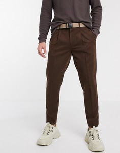 Коричневые строгие узкие брюки с контрастным поясом ASOS DESIGN-Серый