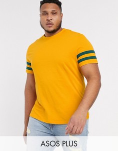 Желтая футболка из органического хлопка с полосками на рукавах ASOS DESIGN Plus-Желтый