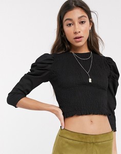 Черный присборенный топ с пышными рукавами Bershka-Кремовый