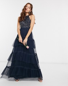 Темно-синее платье макси с пайетками и высоким воротом Maya Bridesmaid-Темно-синий