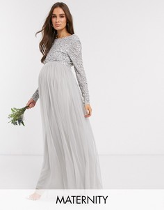 Серое платье макси с длинными рукавами и пайетками Maya Maternity Bridesmaid-Серый