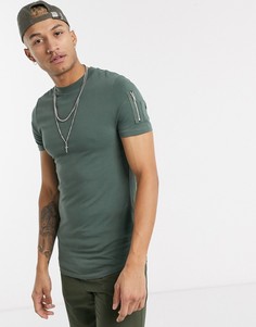 Футболка скинни цвета хаки с карманом на рукаве и закругленным низом ASOS DESIGN-Зеленый