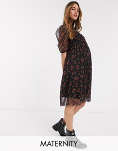Черное платье миди с цветочным принтом New Look Maternity-Черный