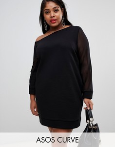 Платье-футболка с открытыми плечами и сетчатыми рукавами ASOS DESIGN Curve-Черный