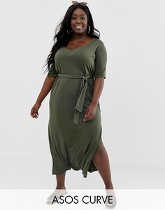 Платье макси с поясом ASOS DESIGN Curve-Зеленый