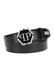 Кожаный ремень с серебристым логотипом Philipp Plein