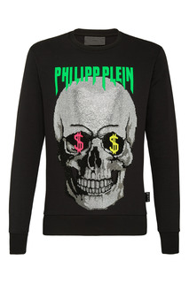 Черная толстовка со стразами и яркой надписью Philipp Plein