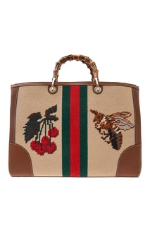 Сумка из кожи, льна и хлопка Bamboo Shopper Gucci