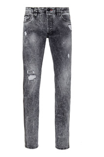 Серые джинсы потертостями и черепом Philipp Plein
