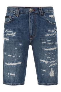 Синие джинсовые шорты с потертостями Philipp Plein