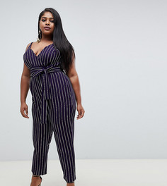 Темно-синий комбинезон в полоску с запахом и поясом ASOS DESIGN Curve-Мульти