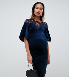 Темно-синее бархатное облегающее платье миди с кружевной вставкой TFNC Maternity-Темно-синий