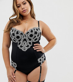 Черное корректирующее боди с вышивкой и подвязками Figleaves Curve Decadence-Черный
