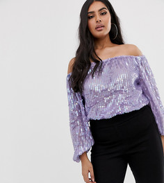 Топ с пайетками, пышными рукавами и открытыми плечами ASOS DESIGN Curve-Фиолетовый