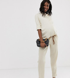 Льняные брюки для беременных с плетеным поясом Mamalicious-Бежевый Mama.Licious