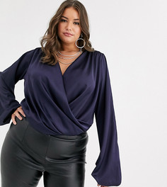 Атласное боди с глубоким вырезом и длинными рукавами ASOS DESIGN Curve-Темно-синий