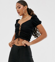 Черный топ с пышными короткими рукавами и шнуровкой ASOS DESIGN Tall