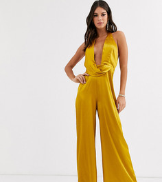 Атласный комбинезон с глубоким вырезом и драпировкой ASOS DESIGN Tall-Желтый