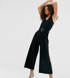 Комбинезон без рукавов с глубоким вырезом, поясом и пряжкой ASOS DESIGN Tall-Черный