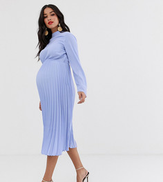 Платье миди с высоким воротом и плиссировкой ASOS DESIGN Maternity-Синий