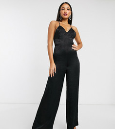 Атласный комбинезон на бретельках с глубоким вырезом ASOS DESIGN Tall-Черный