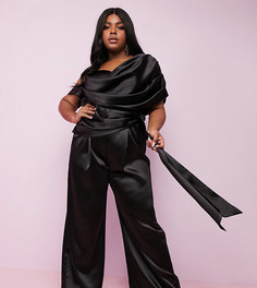 Широкий атласный премиум-комбинезон с поясом ASOS DESIGN Curve-Черный