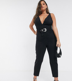 Джинсовый комбинезон с глубоким вырезом и поясом в стиле вестерн ASOS DESIGN Curve-Черный