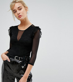 Боди из сетки и кружева с длинными рукавами Stradivarius-Черный