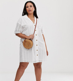 Платье-рубашка мини с вышивкой ришелье и пуговицами ASOS DESIGN Curve-Белый