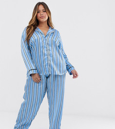 Атласная пижама в полоску с брюками ASOS DESIGN Curve-Синий