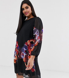 Свободное платье-туника с акварельным цветочным принтом Yumi Plus-Черный