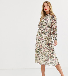 Кремовое платье миди с высоким воротом и сборками на манжетах Hope & Ivy Maternity-Кремовый