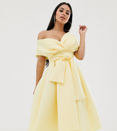 Платье для выпускного миди со спущенными плечом и завязкой ASOS DESIGN Petite-Желтый