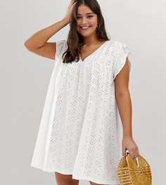 Двустороннее свободное платье с вышивкой ришелье и рукавами-оборками ASOS DESIGN Curve-Белый