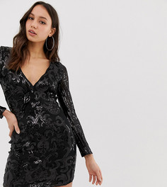 Сетчатое платье с пайетками и длинным рукавом Parisian Tall-Черный
