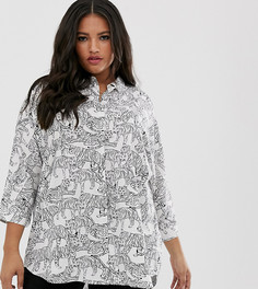 Oversize-рубашка с длинными рукавами и монохромным тигровым принтом ASOS DESIGN Curve-Мульти