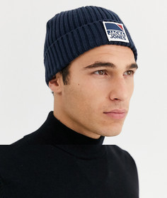 Темно-синяя шапка-бини в рубчик с логотипом Jack & Jones-Темно-синий