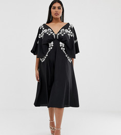Платье миди с рукавами-кимоно и вышивкой эксклюзивно для ASOS DESIGN Curve-Черный