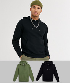 2 худи из органического хлопка хаки/черного цвета ASOS DESIGN-Мульти