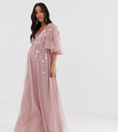 Сетчатое платье макси с рукавами клеш и вышивкой ASOS DESIGN Maternity-Розовый