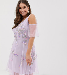 Короткое приталенное платье с отделкой и открытыми плечами Frock And Frill Plus-Фиолетовый