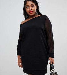 Платье-футболка с открытыми плечами и сетчатыми рукавами ASOS DESIGN Curve-Черный