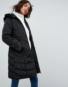 Длинное стеганое пальто с искусственным мехом ASOS-Черный
