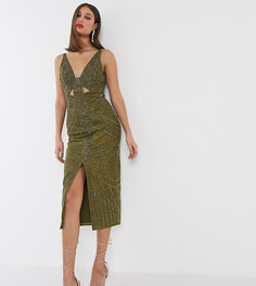 Бархатное платье-футляр миди с вырезами и заклепками ASOS DESIGN Tall-Зеленый