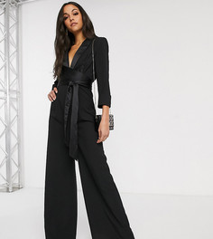 Комбинезон-смокинг с широкими штанинами и глубоким вырезом ASOS DESIGN Tall-Черный