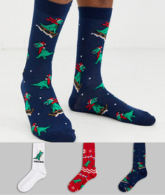 Набор из 3 пар новогодних носков с принтом динозавров ASOS DESIGN - Скидка-Мульти