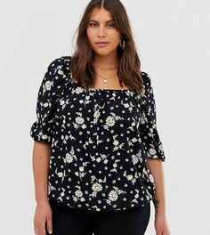 Черная блузка с квадратным вырезом и цветочным принтом Simply be-Мульти