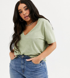 Футболка из меланжевого трикотажа цвета хаки с V-образным вырезом ASOS DESIGN Curve-Зеленый